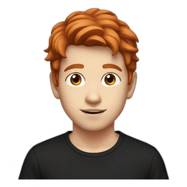 A white teenager boy with big brown eyes and middle-parted red hair, wearing a black T-shirt. sticker