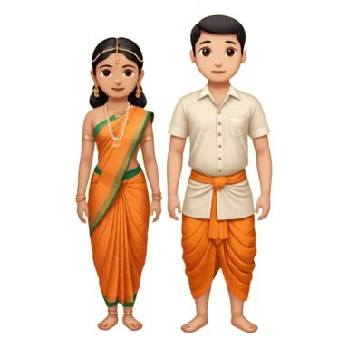 31 years young and small Brahmin boy with traditional formal cotton shirt and cotton lungi is pleasent peaceful thankful to 18 years young and fat and tall Brahmin girl with the complete decoration of bharatanatyam as godess lakshmi devi. sticker
