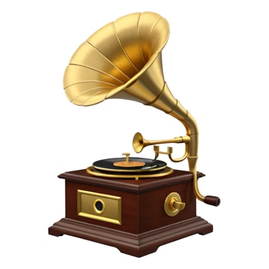 3D render of Gramophone, vintage 1980s audio equipment aesthetic, tactile analog buttons, polished brass gold horn with a dark mahogany wood base, mixed wood grain and brushed aluminum textures, Apple emoji style, isolated on white background --v 6.0 sticker