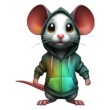 Black red gold green cyan rusty grunge effect scratched patina rat mouse puppy scorpion tail stinger wearing a hoodie 3d render low poly sticker
