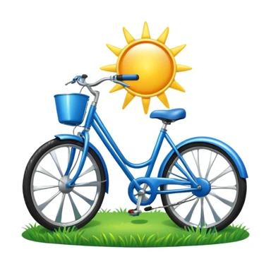 blue bike emoji with a park background featuring green grass and a shining sun, vibrant and cheerful sticker