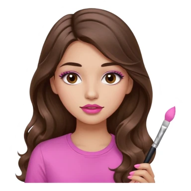 girl with long wavy brown hair, brown eyes, light to medium complexion, in a pink shirt, pink lips, long lashes, puckered lips,  painting long nails sticker