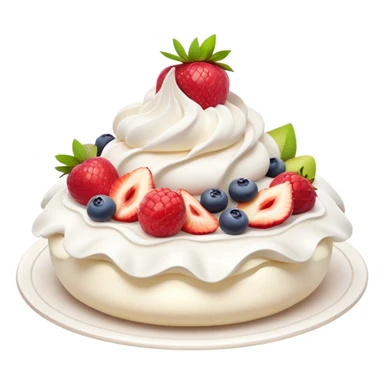 Cinematic Realistic Pavlova Dessert Emoji, showcasing a delicate meringue dessert topped with fresh fruit rendered with lifelike texture and soft natural lighting. sticker