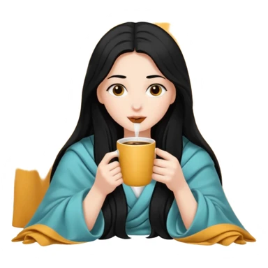 Pale girl with black long hair inside blanket drinking coffee sticker