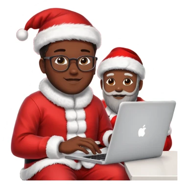 Jeune développeur homme de teint noir, assis devant un ordinateur portable affichant du code, dans une ambiance de week-end festive. À côté de lui se tient le Père Noël, souriant, portant sa tenue traditionnelle rouge et blanche.  sticker