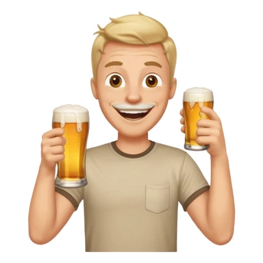 male memoji, cheerful man in t-shirt, holding beer glass, laughing, surrounded by party vibe, friendly goofy look sticker