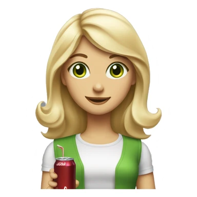 Blonde girl with shoulder length hair and swooped, bangs, big green eyes holding a diet Dr Pepper and looking happy sticker