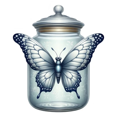 A silver butterfly traped in an old jar sticker