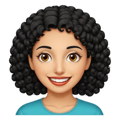 30 year old iranian woman very short curly black hair, big brown eyes, tanned skin, big smile, white teeth, pretty sticker