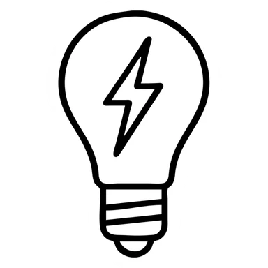 minimalist vector icon of a classic incandescent lightbulb with rounded glass bulb and screw-in base, with a sharp angular lightning bolt passing vertically through the center of the bulb, clean modern vector art, single dark gray color, no gradients or shadows, bold clear lines, balanced proportions, unified design sticker
