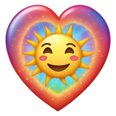 A smiling sun with heart-shaped rays. Inside the heart, two interlocking wedding rings. The sun's eyes are tiny red hearts. A small rainbow arcs below, connecting the rings. sticker
