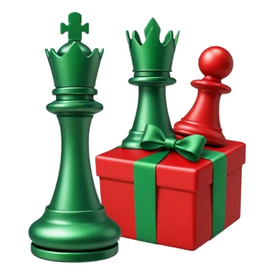 A red gift tied with a green ribbon in a white polka dot, with a knight and pawn chess pieces falling out of the gift sticker