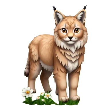 Collage of exotic animals: a lynx with striking eyes, and a fluffy alpaca standing in a lush meadow. The lynx gazes intently while the alpaca looks calm and curious. Surrounded by vibrant plants and flowers. Transparent background for a lively, colorful scene. sticker