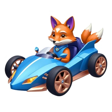 dark crystal blueberry and rosegold-accented cyber faceted-body electric racing car driven by a small cute but relaxed fox with rear spoiler, roll bar, and wheely bar sticker