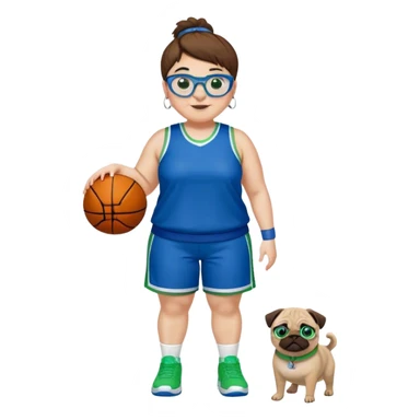 Full Body plus size white female basketball player with short medium brown hair with  spike hair wearing blue glasses 
With a pug wide nose wearing blue green uniform  green sneakers smiling wearing silver hoop earrings sticker