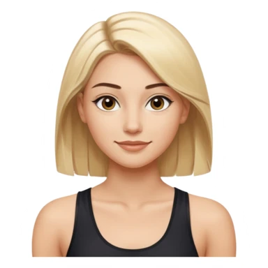 athletic young woman with shiny straight blonde hair center part light skin large brown eyes defined brows subtle winged eyeliner full nude lips confident friendly smile wearing simple black sleeveless athletic top smooth polished cartoon-like sticker