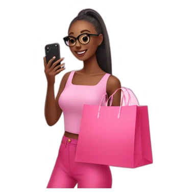 influencer taking selfie with a pink shopping bag sticker