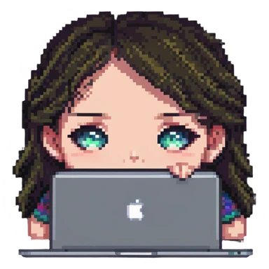 close-up of a girl's face peeking over a MacBook, pixel art style sticker