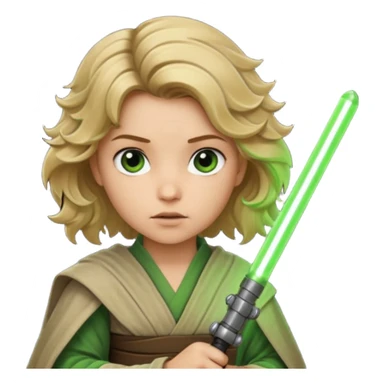 Young jedi with dirty blonde wavy hair holding a green lightsaber sticker