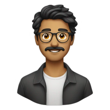 Indian teenager with light moustache and a goatee, with long wavy black hair,jawline, wearing glasses sticker