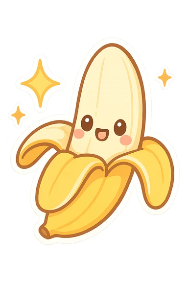 chibi sticker-style banana with sparkles, cute and exaggerated sticker
