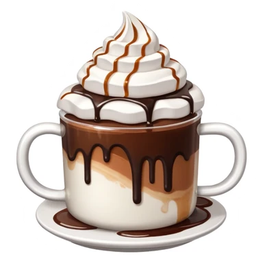 A cup of hot chocolate. With whipped crea On top, Caramel  Sauce on top. And chocolate sauce on top with marshmallows on top. sticker