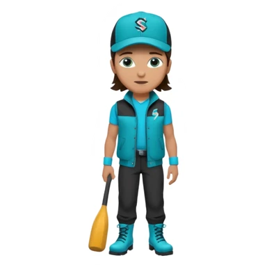 A landscaper in a beautiful turquoise jacket and turquoise boots, black pants, and a black sleeveless shirt. On his head is a black Swissotel baseball cap. The girl is a brunette with blue eyes. sticker