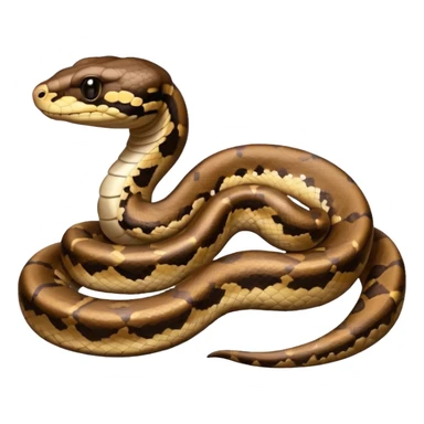 A photo-realistic digital illustration of a Ball Python, chest upward, with a short, rounded head, thick body, and a calm, curious expression. It has a warm brown base color with irregular dark blotches shaped like “alien heads,” and matte-textured scales that emphasize its small, stocky form. sticker