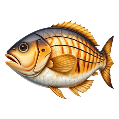 Cinematic Realistic Gradele (Grilled Fish) Dish Emoji, depicted as perfectly grilled fish with a smoky, charred finish rendered with lifelike detail and appetizing, natural lighting. sticker