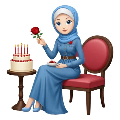 Turkish beautiful finish Konya girl blue eyes with denim hijab long tail dress and sits on the modernized white coffee house on a white chair and holds rose cake with her hand  sticker