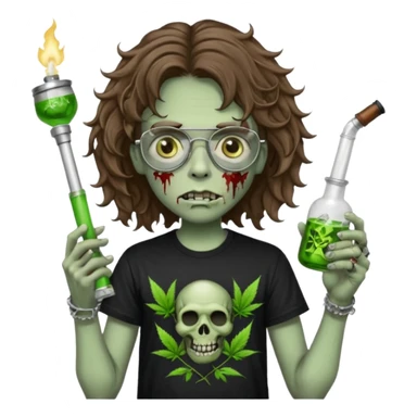 brown wavy haired zombie getting stoned with weed t shirt and bong on his hand and wearing black chrome hearts bifocals sticker