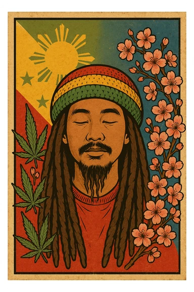 Vintage poster of an Asian Rasta with long dreadlocks, peaceful eyes, and a red-gold-green tam. Surrounded by cherry blossoms and ganja leaves. Background blends Rasta colors into an Asian flag (e.g., red sun from Japan or Chinese star). Retro reggae fusion vibe, with bold lines and aged paper texture. Philippines 
 sticker