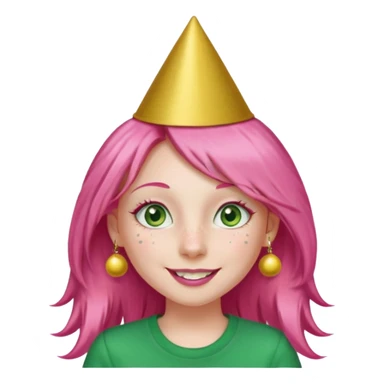 Create a girl with long pink hair and green eyes with long eyelashes and a smiley face. She has freckles in her face and a lit of bit of pink lipstick on her mouth, she’s also got gold birthday party hat on her head with gold pom poms on top of it, and her T-shirt is all red sticker