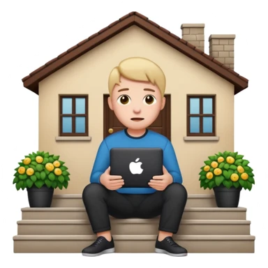 a home which has garden like and the home has slack emoji, where on the house steps, a blob holding black mac should sit and should look like wiork sticker