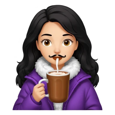 Tanned Girl with lashes , black hair, in an extremely big fluffy oversized jacket, and drinking hot chocolate drink sticker