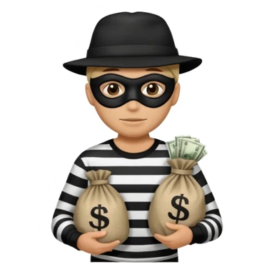 Crea un ladrón con un sombrero de delincuente y un saco de dinero, el ladrón tiene una camisa de rayas negras y blancas y el rostro un antifaz color negro. sticker