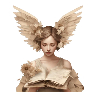 Library book bookworm academia aesthetic beige angel with broken wing damaged wing torn wing, made of newspaper cuttings and dried flowers brown flowers sticker