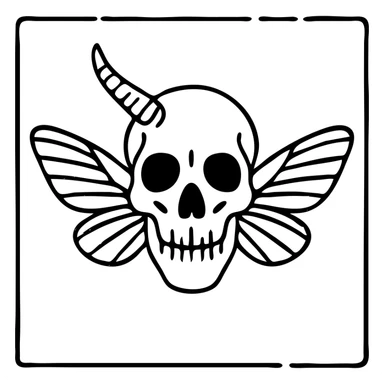 minimal red horror line art of minotaur-stoat hybrid skull with broken horn and eye, with moth wings, mostly empty middle with simple thin outline frame around the entire design, frame intentionally weathered and incomplete in spots, sparse horrific details, 100% red sticker