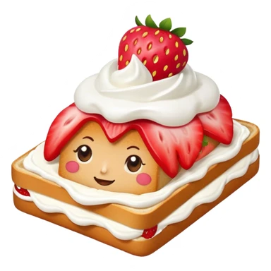 square toast topped with fluffy white cream, decorated with a strawberry bow made from two strawberry center, bright red and glossy sticker