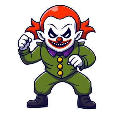 evil clown warrior, bald, small black satan-like horns on forehead, fangs, pointed ears, eye patch over one eye, black and military green leisure suit with bellbottom pants, realistically proportioned, less bulky, full body, battle-ready fighting posture sticker