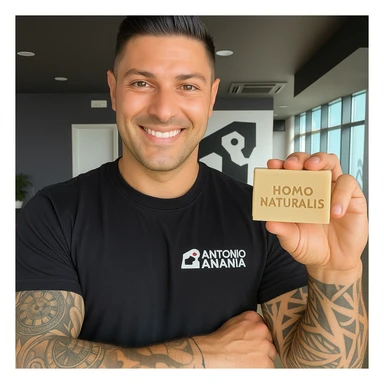 Create a realistic image of Antonio Anania, resembling the person in the reference photo, holding a soap called 'Homo Naturalis' with the soap's name clearly visible. The tone should be natural and positive. sticker