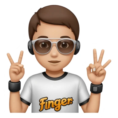 A kid wearing a jersey that says finger with earbuds in and sunglasses on sticker