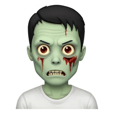 Rosto de frente classico de zombie boca meio torta cabelos pretos no corte low fade com pele verde clara camiseta branca sticker