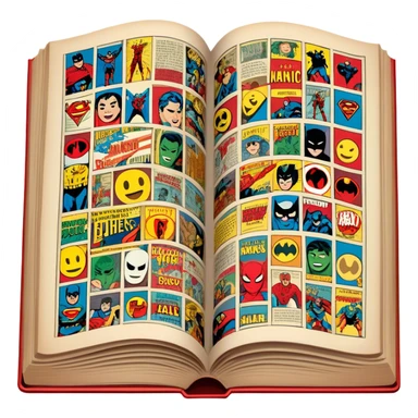 detailed and vintage-inspired emoji representing comic books and graphic novels as a storytelling art form. a large, open comic book with pages filled with classic American comic book panels. classic feel of old-school comic books a graphic novel. background transparent sticker