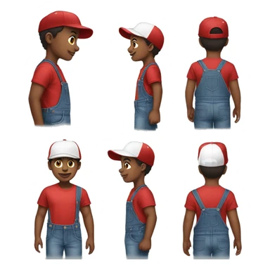 African American Boy

Clothing: Wearing a red t-shirt with denim overalls, white sneakers, and a baseball cap turned backward sticker