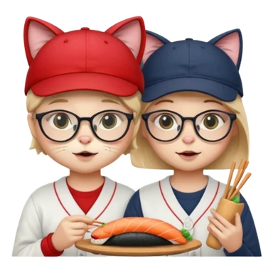 cute girl cat with glasses and a cute boy cat with a baseball cap eating sushi together sticker