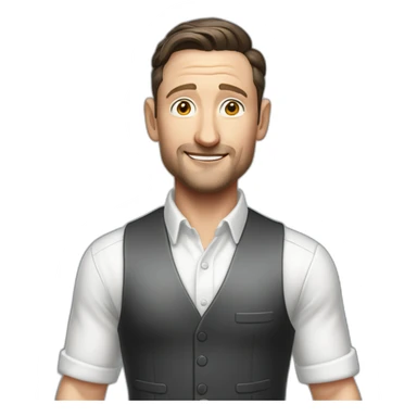 tim robinson dark black slicked back hair white shirt with a light grey vest pouring water on a steak sticker