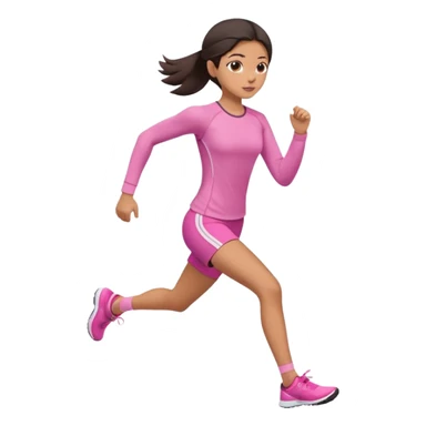 A girl in soft pink tight-fitting sportswear, a long-sleeved fitted top and shorts, is running. Her hair is dark and straight, neatly styled. sticker