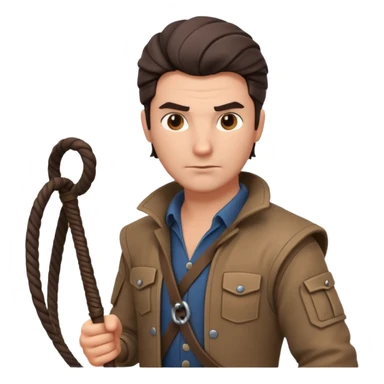 man with a whip portrait, head and shoulders only, whip coiled on shoulder, rugged outfit, confident look, 3D cartoon, mobile game icon style, clean background, no text, no watermark
 sticker