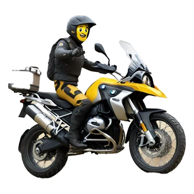 man waving while driving a yellow bmw f750gs on gravel road sticker
